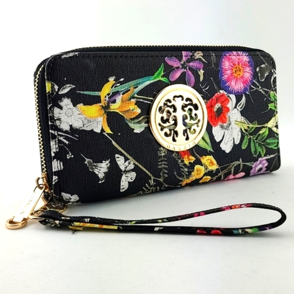 Dasein Continental Zip Around Black Multi Colour Floral Wallet Clutch Wristlet